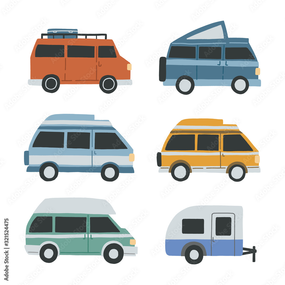 Set of differnet campervans isolated on white background. HAnd drawn flat vector illustration for banner, advertisment. Set of differnet campervans isolated on white background. HAnd drawn flat vector illustration for banner, advertisment.