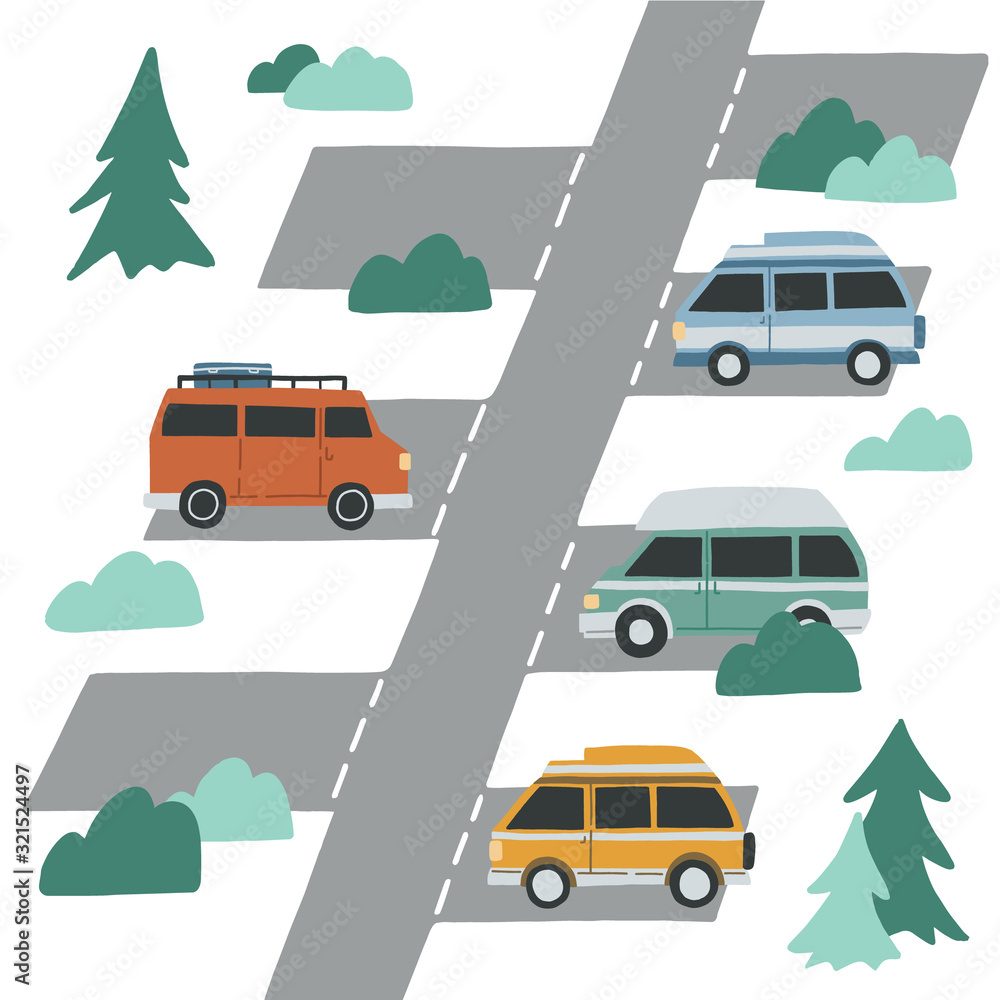 Campervan parking illustration. Hand drawn flat vector concept for banner, advertisment. Motorhome, tourism, van life movement.