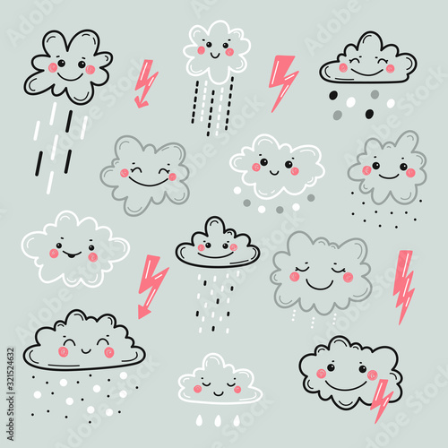 Cute Smiling Clouds with Rain Drops, Thunder and Lightning Icons Vector Set for Print or Poster for Kids Fashion, Nursery, Baby Shower Scandinavian Design.