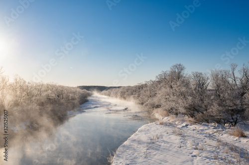 Foggy freezing Japanese river morning  © Roi