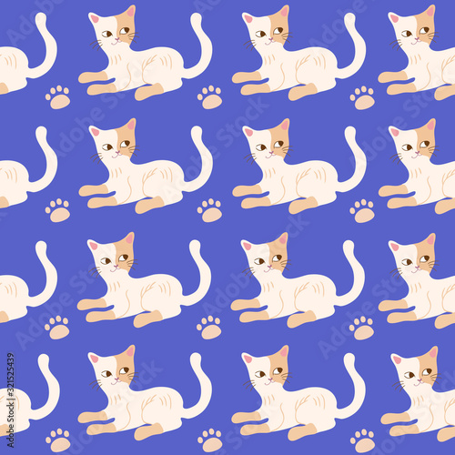 Seamless pattern. Cat on a purple background with paws.Hand drawn cat