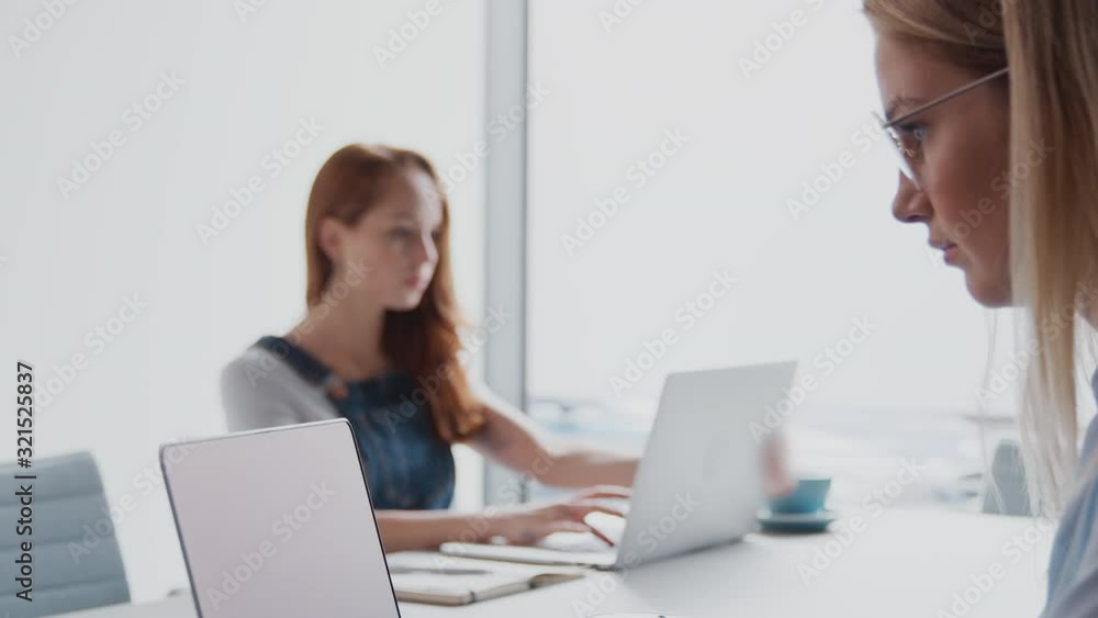 Pull Focus Shot Of Two Casually Dressed Young Businesswomen Working On Laptops And In Office Pull Focus Shot Of Two Casually Dressed Young Businesswomen Working On Laptops And In Office