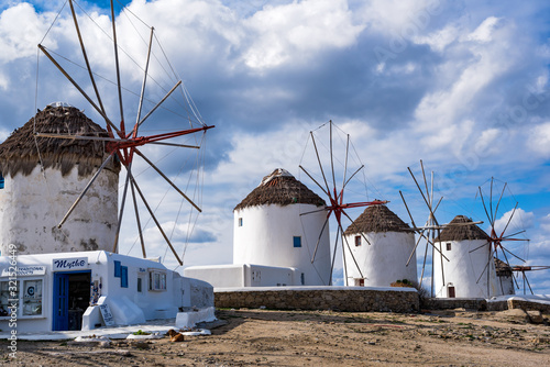 Scenic view Greek of windmills on Mykonos, Greece