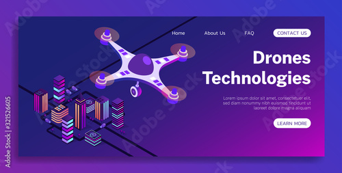 Isometric vector drone technologies 3d illustration. Include neon city, trees, roads, transport, drone.