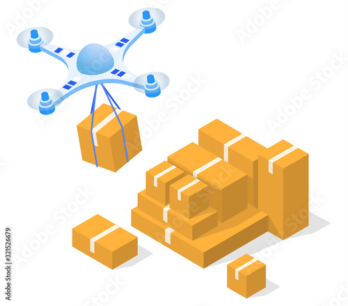 Delivery of packages and orders using a drone vector 3D illustration.