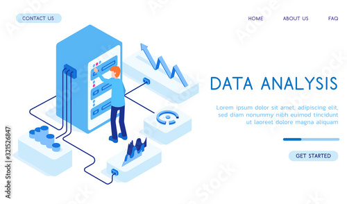 Stylish isometric vector 3D Data Analysis with server and worker illustration. Good for business and technologies topics. © cathal_shtadler
