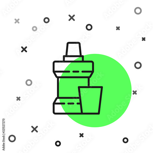 Black line Mouthwash plastic bottle and glass icon isolated on white background. Liquid for rinsing mouth. Oralcare equipment. Vector Illustration