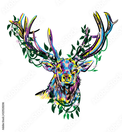 Deer with big horns. Stylish multi-colored print.