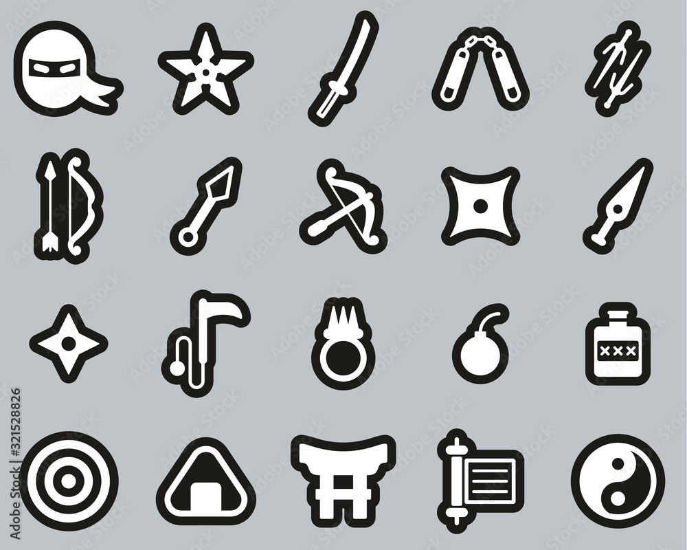 Ninja & Ninja Equipment Icons White On Black Sticker Set Big Ninja & Ninja Equipment Icons White On Black Sticker Set Big