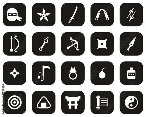 Ninja & Ninja Equipment Icons White On Black Flat Design Set Big