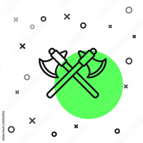 Black line Crossed medieval axes icon isolated on white background. Battle axe, executioner axe. Vector Illustration