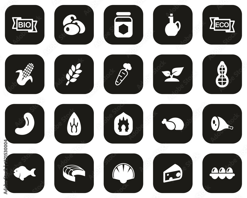 Organic Food Icons White On Black Flat Design Set Big Organic Food Icons White On Black Flat Design Set Big