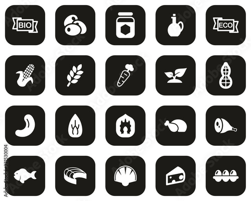 Organic Food Icons White On Black Flat Design Set Big