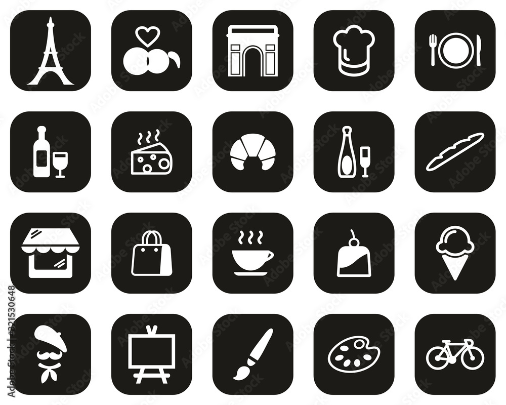 Paris City & Culture Icons White On Black Flat Design Set Big Paris City & Culture Icons White On Black Flat Design Set Big