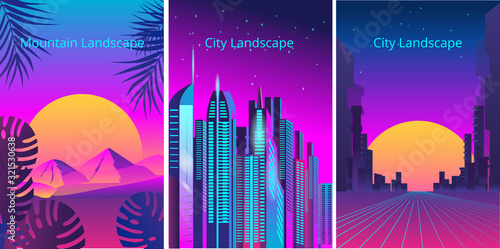 A set of banners in the style of retro games. Fantastic city in the style of cyberpunk. Vector illustration in retro style in neon colors. Banner templat.