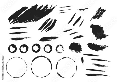 Black brush stamps, torn borders. Grunge paint lines and circles. Distressed banner. Vector isolated paintbrush set. Chinese rough box shapes. Stencil dividers.