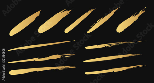 Golden grunge brush strokes. Vector paint comets and asteroids set. Dirty paintbrush lines. Chinese rough box shapes. Gold torn sparkles. Distressed banner.