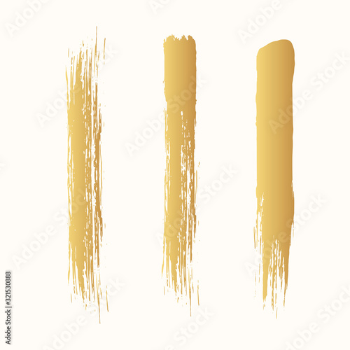 Vector golden brush mascara strokes. Distressed smear scratches. Gold isolated paintbrush stripes. Chinese rough dirty borders. Stencil lines.
