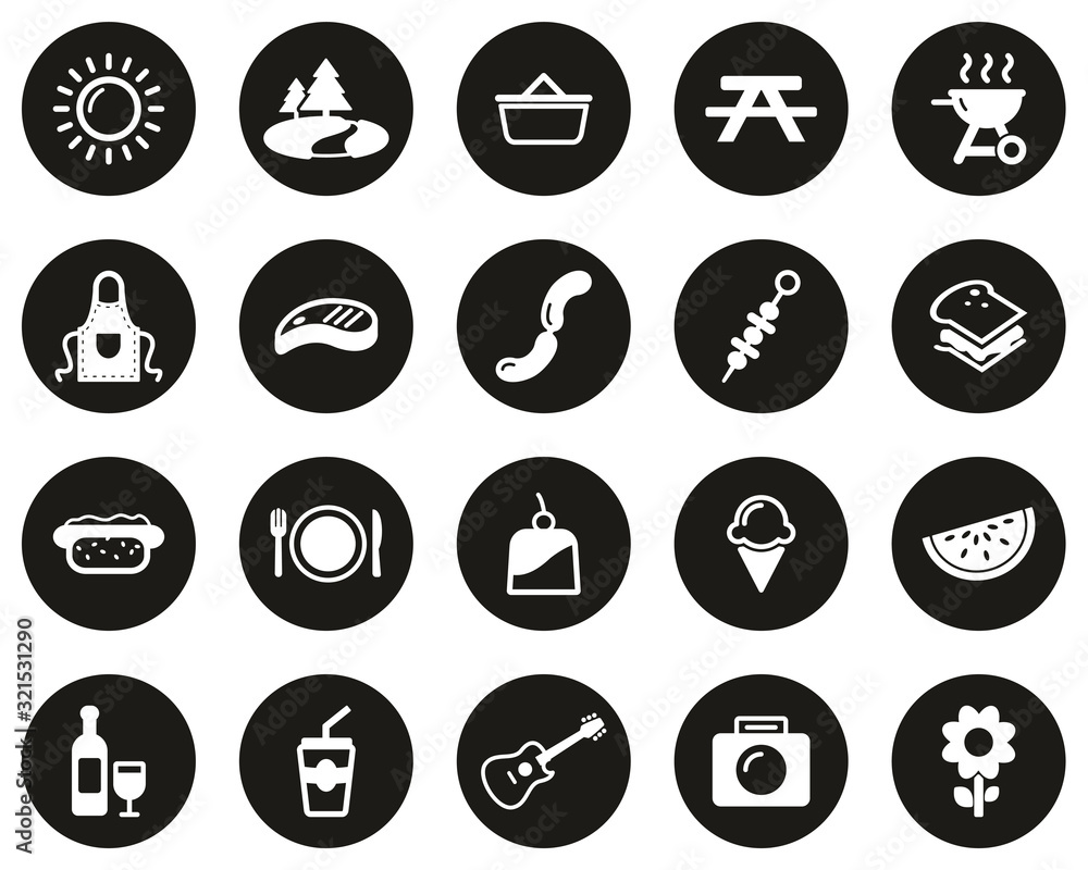 Picnic Or Barbecue Icons White On Black Flat Design CIrcle Set Big Picnic Or Barbecue Icons White On Black Flat Design CIrcle Set Big
