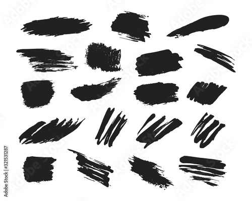 Vector brush torn banners. Grunge paint frames. Distressed badge. Black isolated paintbrush set. Chinese rough box shapes.