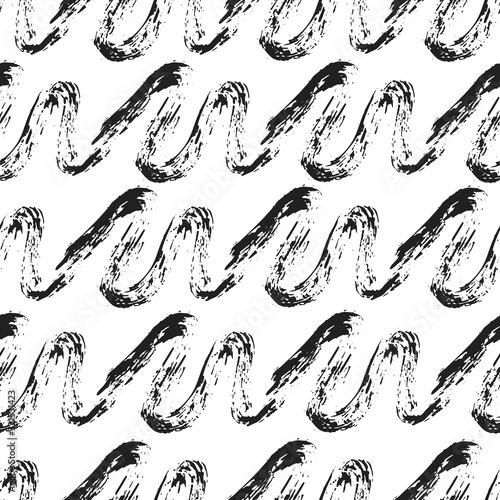 Vector brush zig zag smears seamless pattern. Distressed stroke texture. Black isolated paintbrush background. Chinese rough dirty wallpaper.