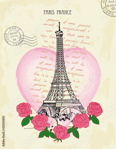 Retro postcard with Eiffel tower and pink roses. Paris, France.