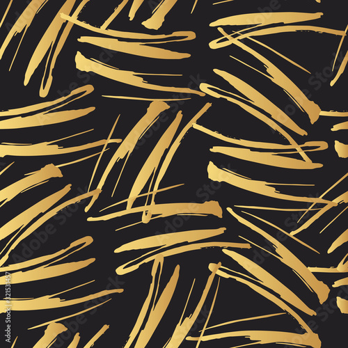 Vector golden marker stripes seamless pattern. Distressed brush smear texture. Gold isolated paintbrush strokes background for fabric. Chinese rough dirty textile backdrop.