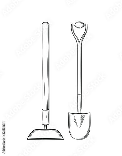 Vector illustration gardening tools and utensils isolated on a white background, hoe, spade. garden maintenance, landscaping and hobby concept, sketch style, line art.