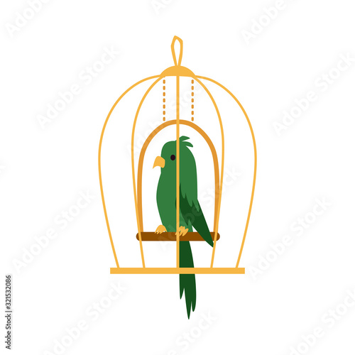 Green exotic parrot bird in cage icon flat cartoon vector illustration isolated.