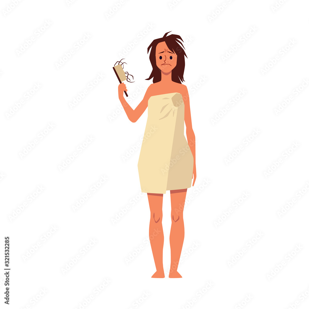 Pretty girl character with hair fall problem, flat vector illustration isolated. Pretty girl character with hair fall problem, flat vector illustration isolated.