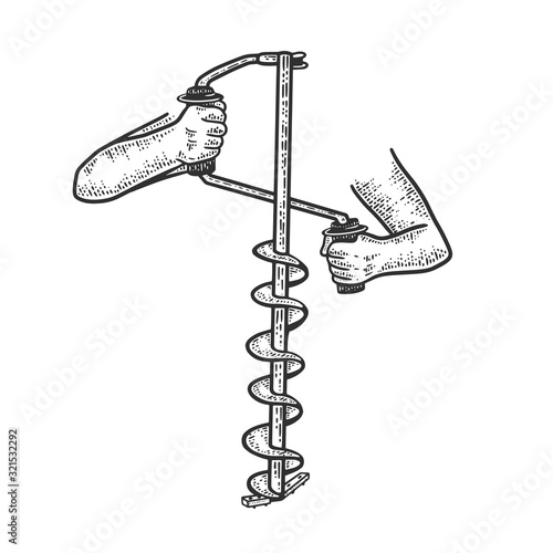 Hand ice drill for winter fishing sketch engraving vector illustration. T-shirt apparel print design. Scratch board imitation. Black and white hand drawn image.