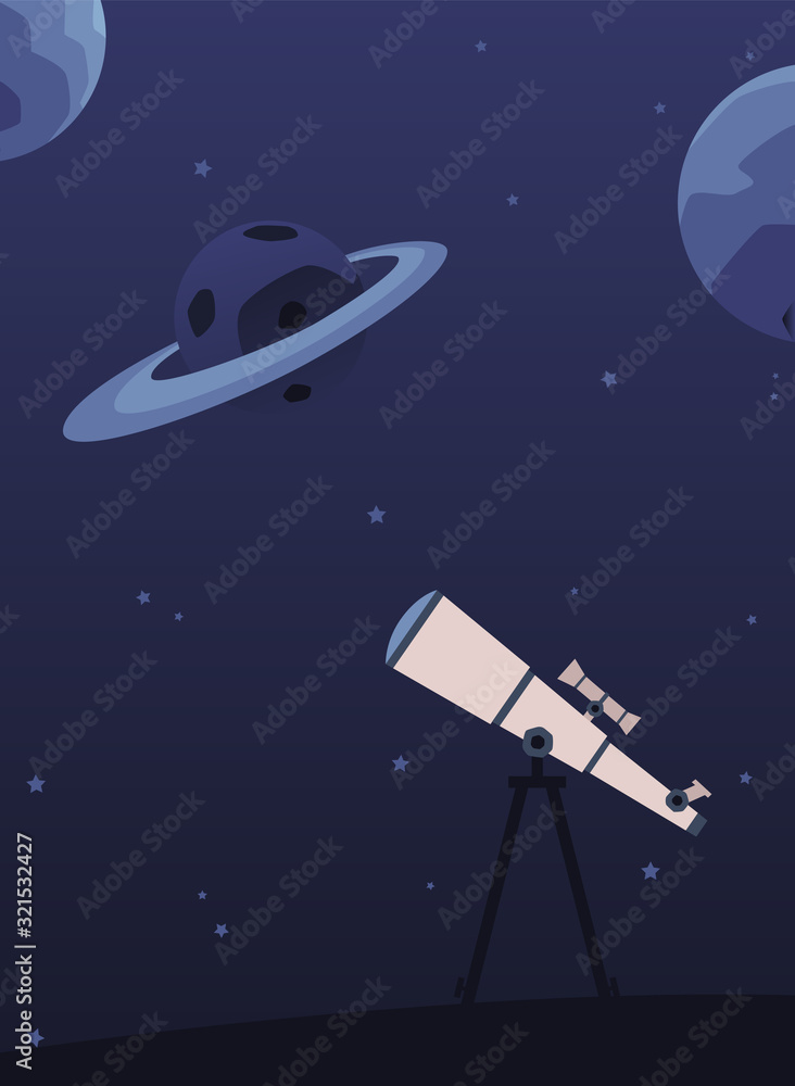 Astronomy poster with telescope on tripod looking at night sky with planets