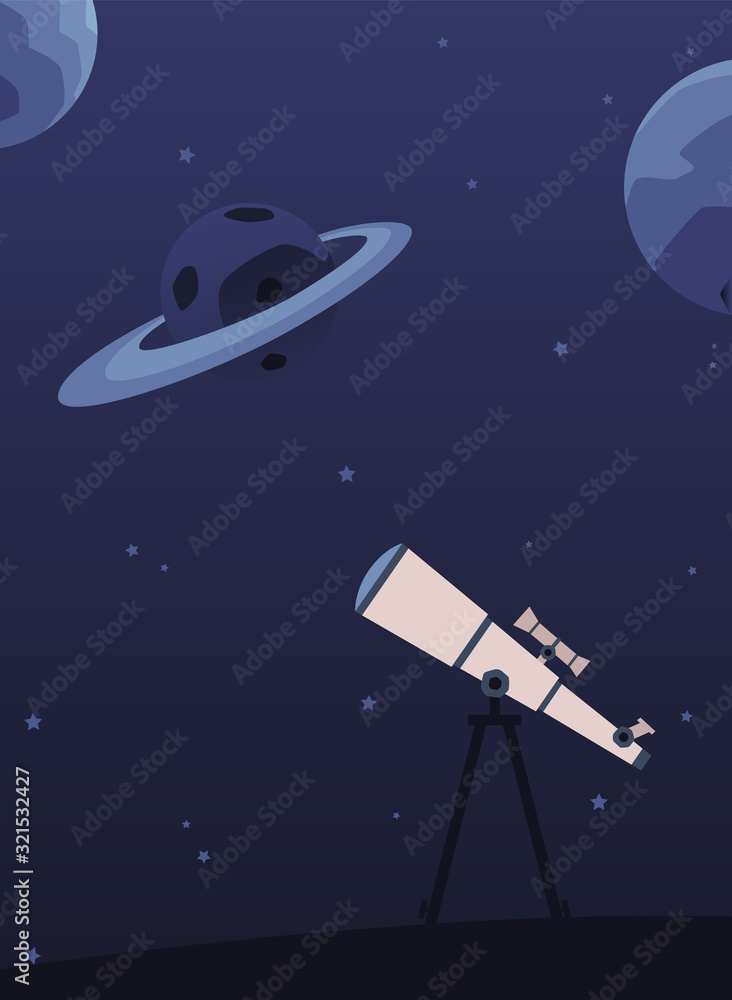 Astronomy poster with telescope on tripod looking at night sky with planets Astronomy poster with telescope on tripod looking at night sky with planets