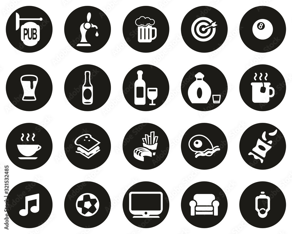 Pub Or Bar Icons White On Black Flat Design Circle Set Big Pub Or Bar Icons White On Black Flat Design Circle Set Big