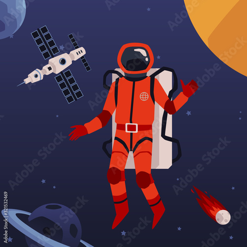 Astronaut in outer space on spaceship background, flat vector illustration.