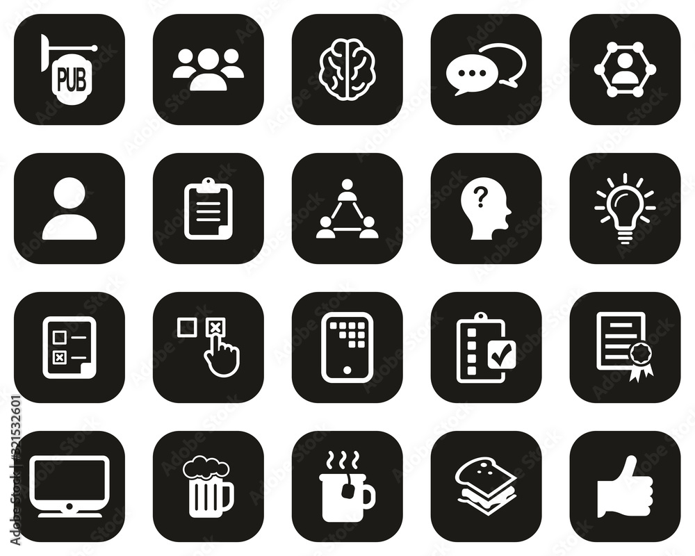 Pub Quiz Or Bar Quiz Icons White On Black Flat Design Set Big Pub Quiz Or Bar Quiz Icons White On Black Flat Design Set Big