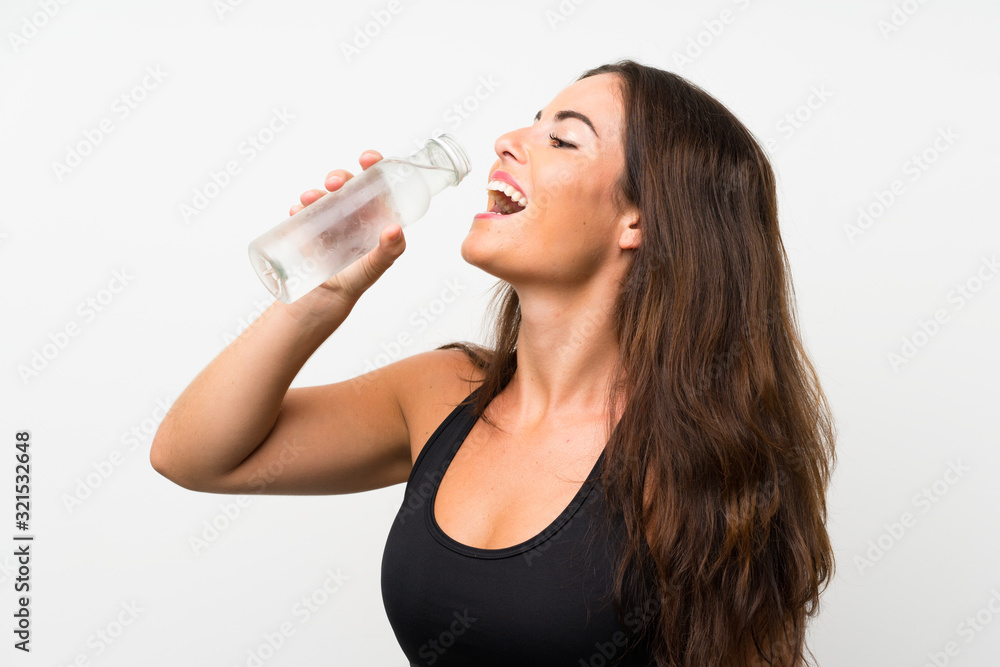 Young woman over isolated white background with a bottle of water Young woman over isolated white background with a bottle of water