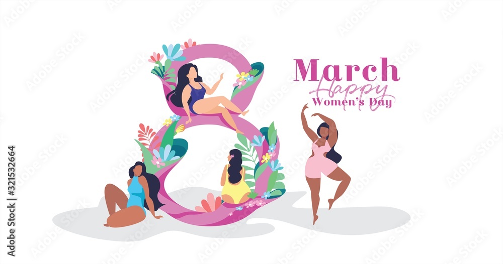 Happy Women's Day. March 8. Spring holiday. Happy girls. Around everything blooms. International Women's Day. Strong girls. Different females. Isolated on a white background. Vector graphics. Happy Women's Day. March 8. Spring holiday. Happy girls. Around everything blooms. International Women's Day. Strong girls. Different females. Isolated on a white background. Vector graphics.