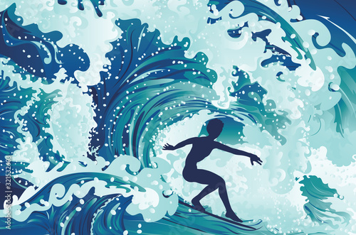 Waves and surfer silhouette