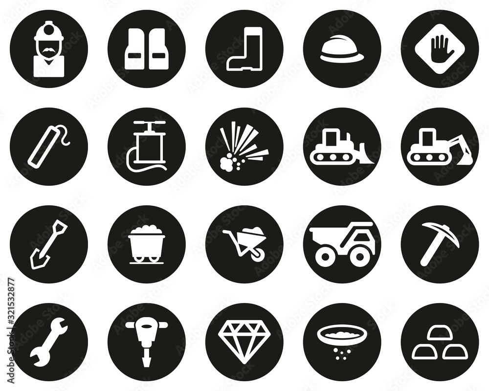 Quarry Or Mine Icons White On Black Flat Design Circle Set Big