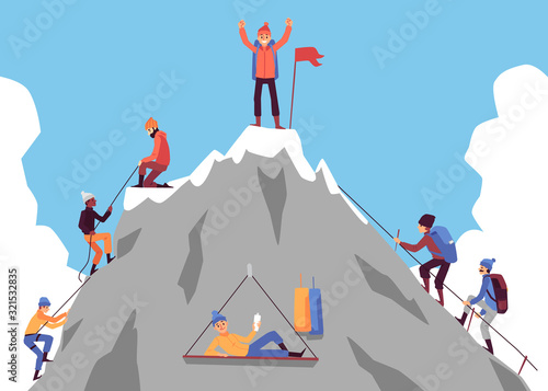 Cartoon people climbing mountain and happy man standing on top