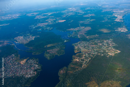 Aerial landscape with islands and buildings