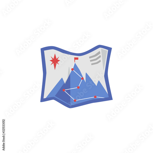 Map icon with alpinist route and mountain peak flat vector illustration isolated.