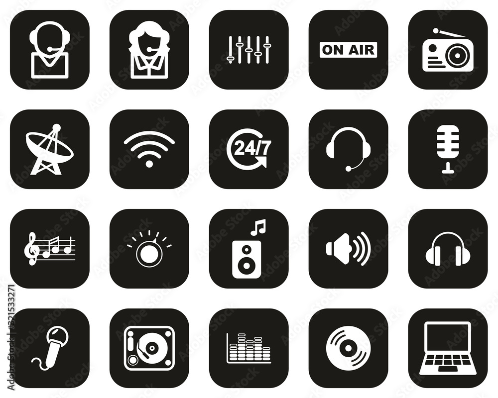 Radio Station & Radio Equipment Icons White On Black Flat Design Set Big Radio Station & Radio Equipment Icons White On Black Flat Design Set Big