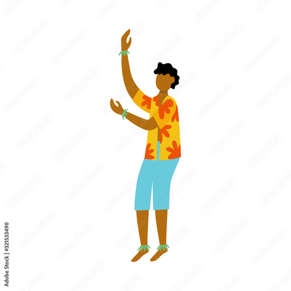 Cartoon dancer man in tropical Hawaiian shirt standing in dancing pose