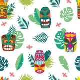 Tiki mask and tropical leaves - isolated seamless pattern