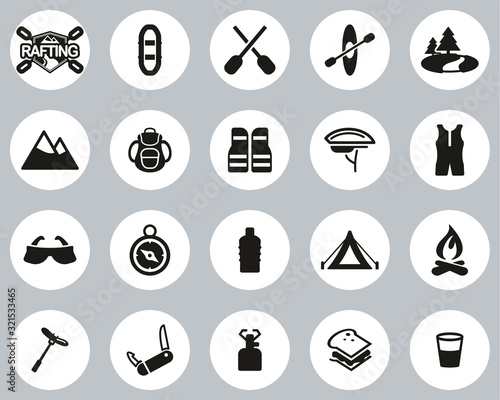 Rafting Or White Water Rafting Icons Black & White Flat Design Circle Set Big