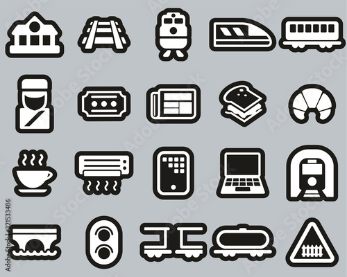 Railroad Travel & Cargo Transportation Icons White On Black Sticker Set Big