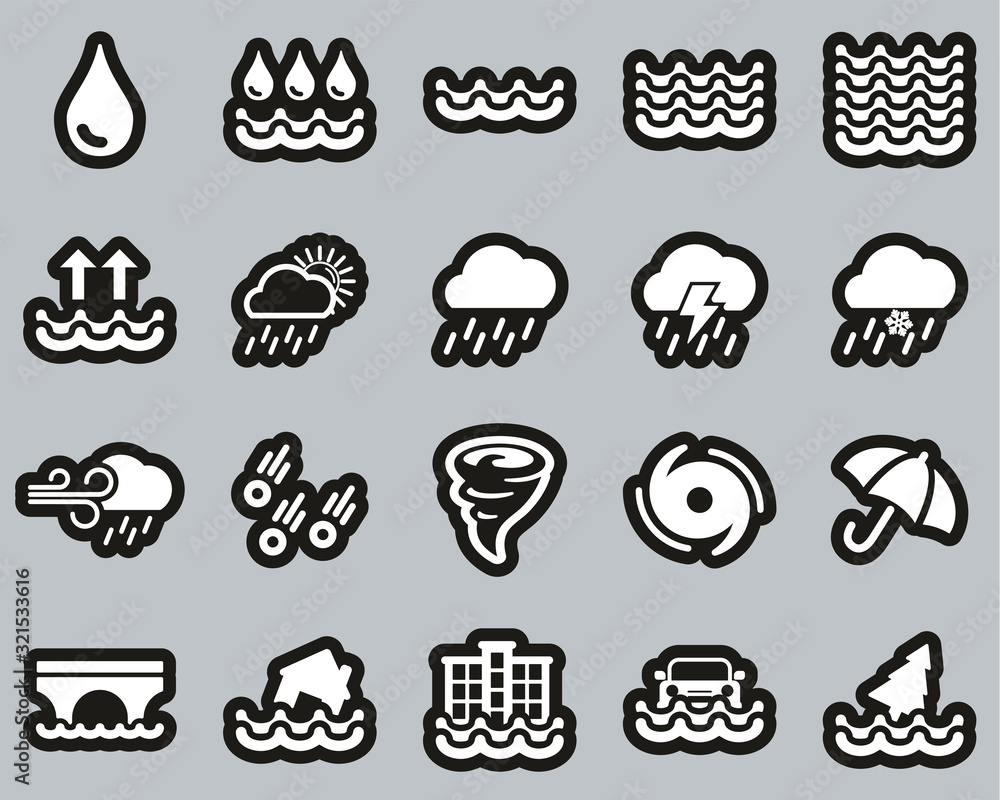 Rain & Flood Icons White On Black Sticker Set Big