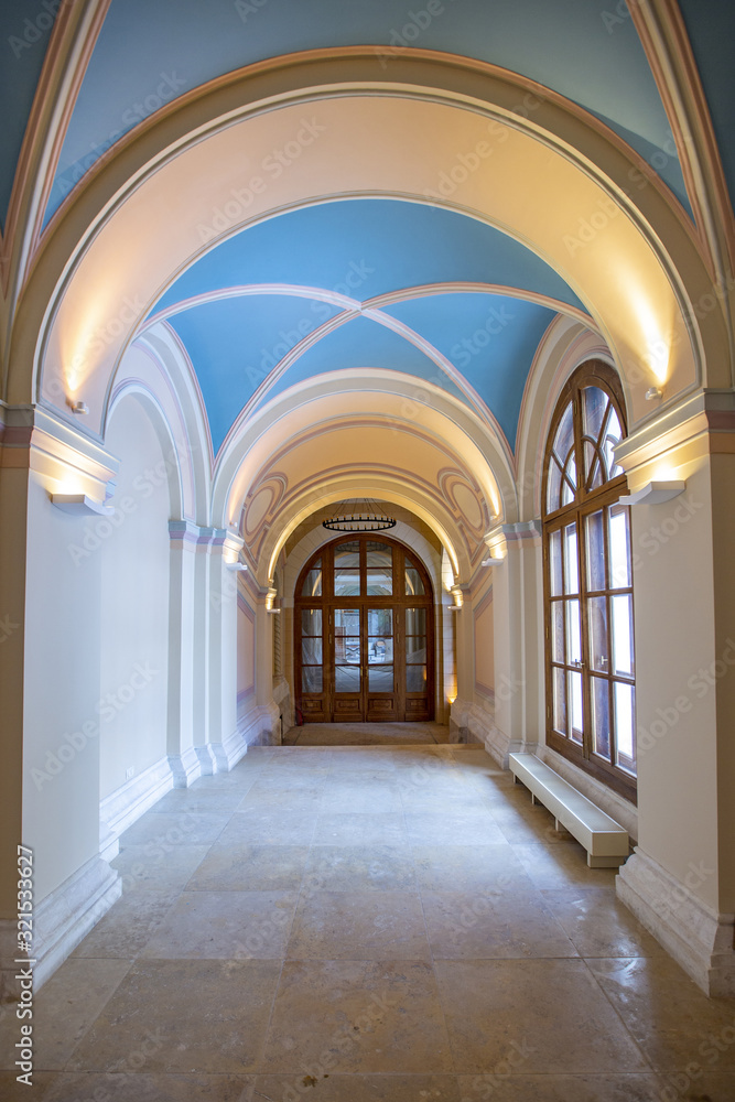 Empty arched corridor in a religious building